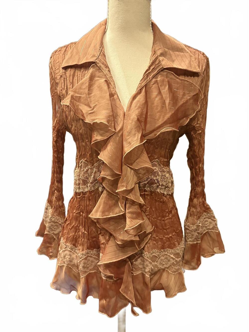 VTG y2k Ruffle Lace Trim Sheer mesh Blouse Top M